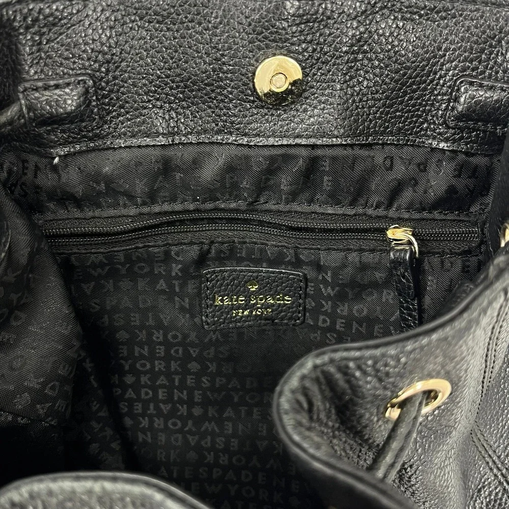 Kate Spade New York Black Pebbled Leather Drawstring Flap Backpack Small